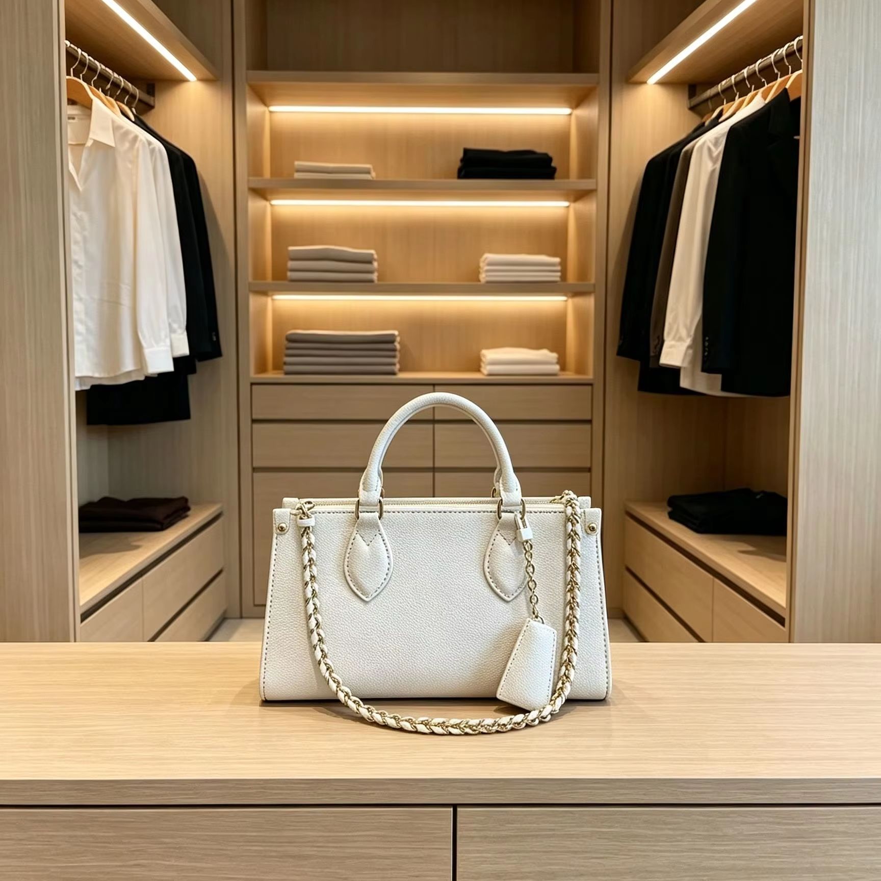 Structured Handbag Top Handle - Witte handtas van imitatieleer met een